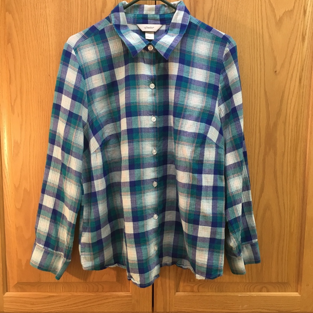 CJ Banks blue plaid button down blouse